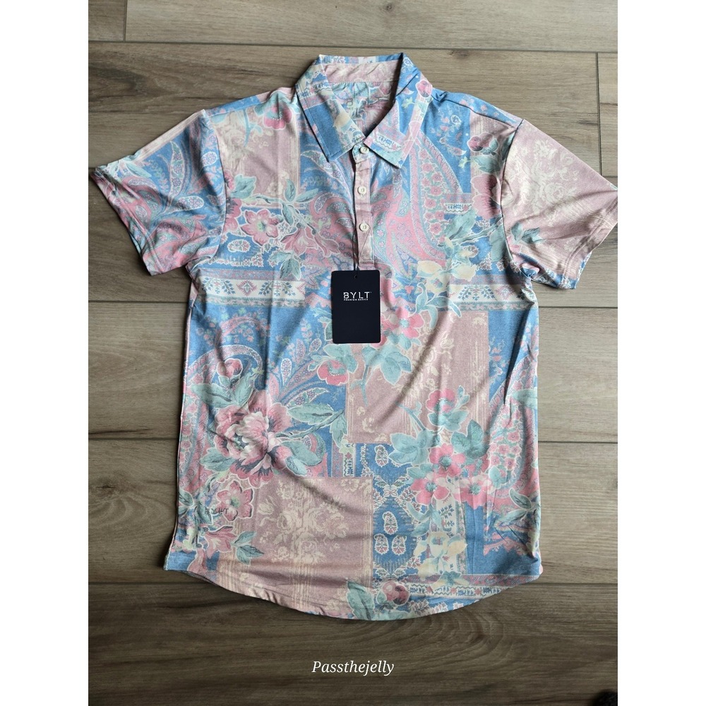 Bylt Polo‎ Shirt Mens Small Floral Geometric All Over Print Patchwork Golf UPF